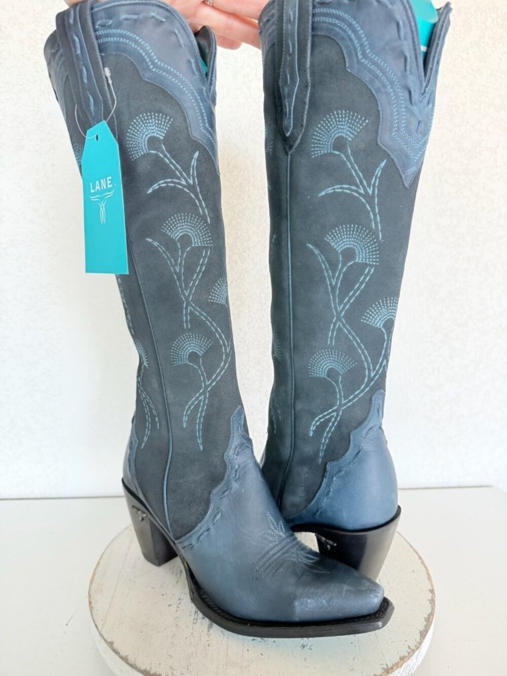 Lane Tessa Knee High Navy Suede Cowboy Boots Womens 7.5 Western Snip Toe Tall